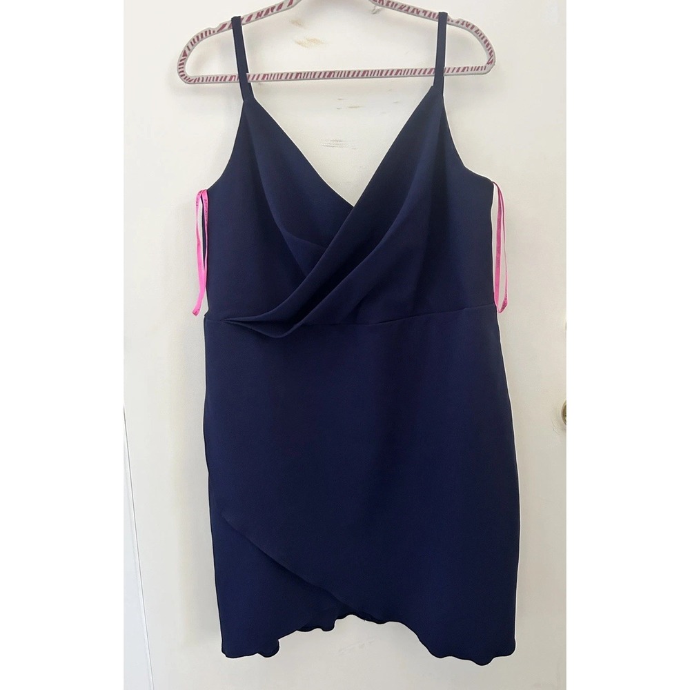 BETSEY JOHNSON Revved Up Faux Wrap Tulip Hem Cocktail Dinner Dress Navy Sz 18W